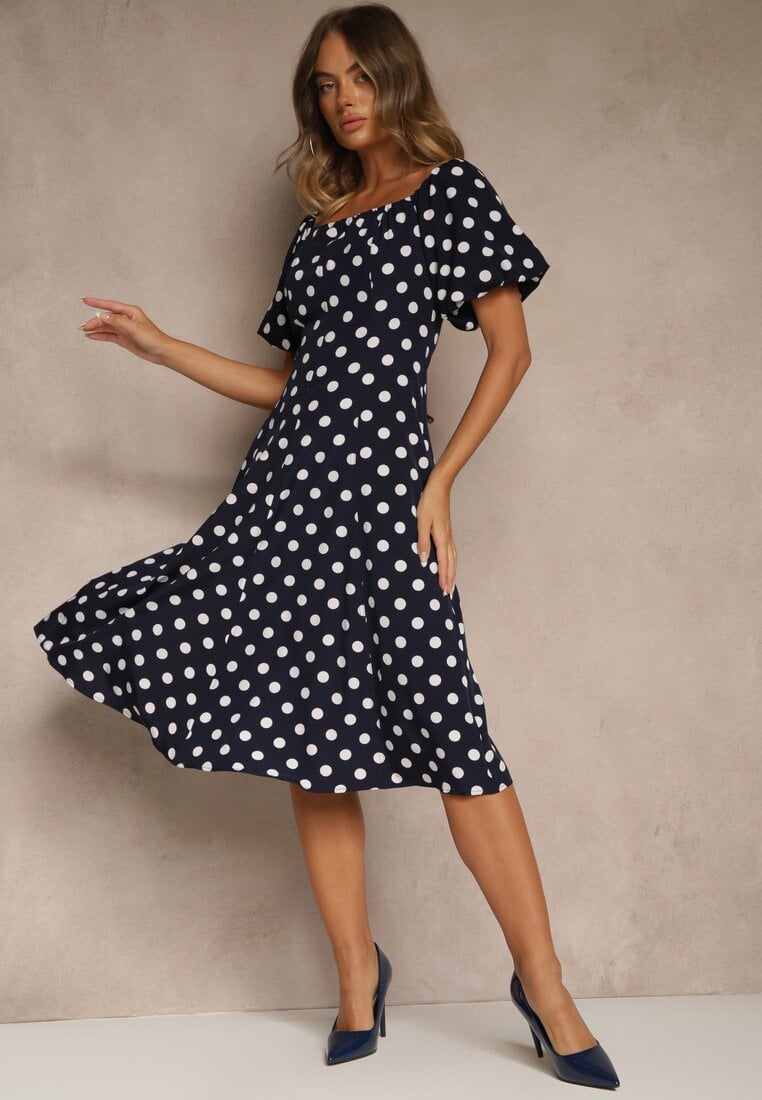 Granatowa Sukienka Hiszpanka Vices w Kropki o Rozkloszowanym Kroju Zilua