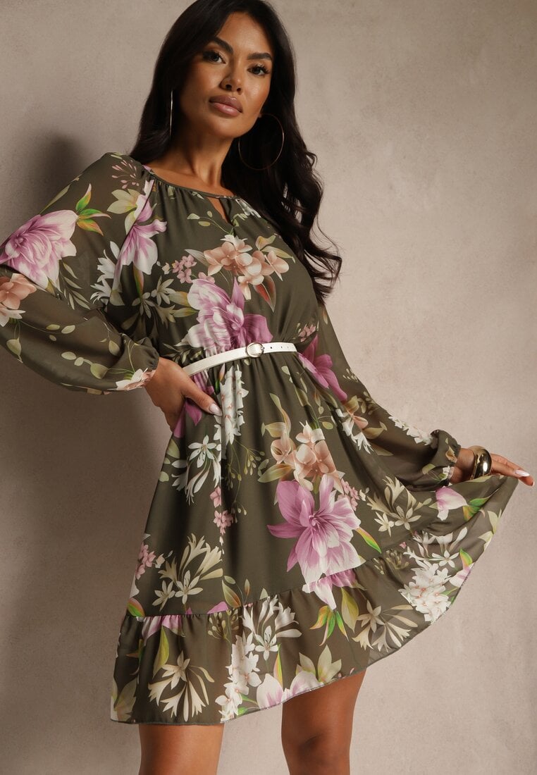 Ciemnozielona Rozkloszowana Sukienka Ozdobiona Kwiatowym Wzorem Zerovia