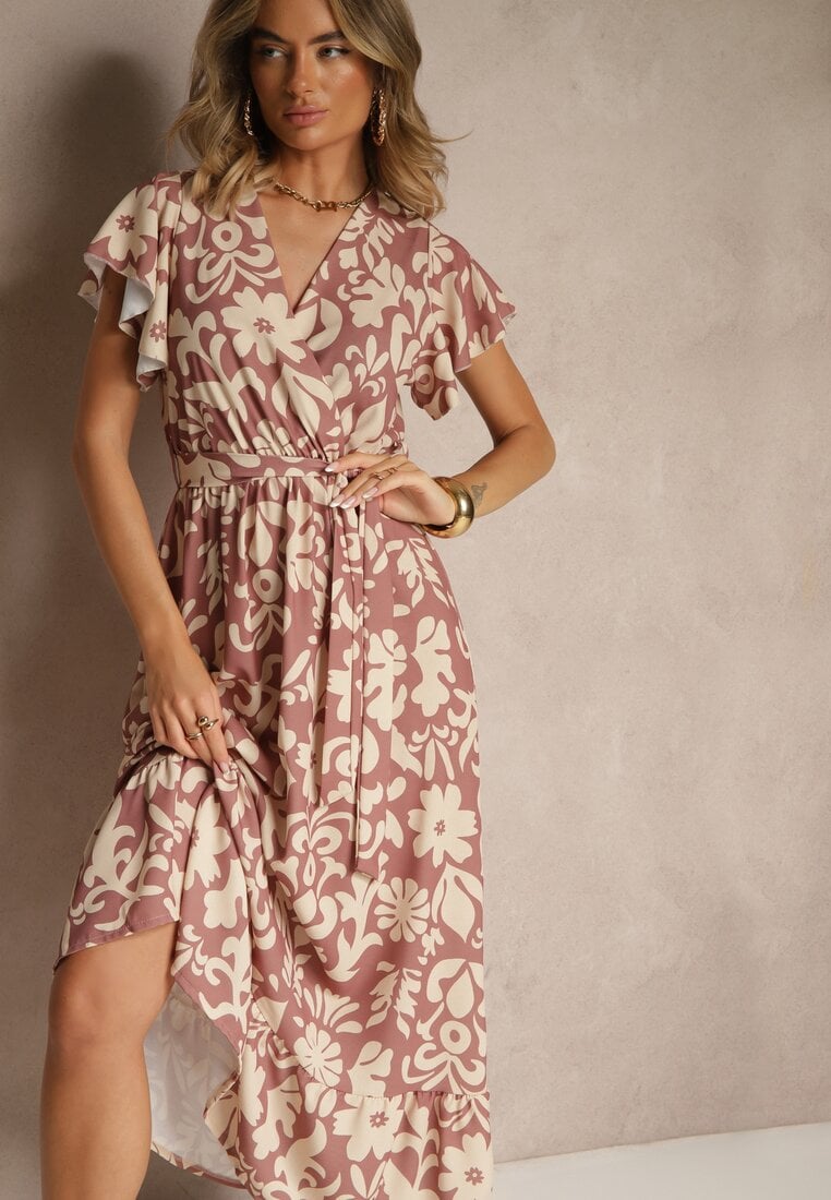 Ciemnobeżowa Rozkloszowana Sukienka w Kwiatowy Wzór z Paskiem Niloreia