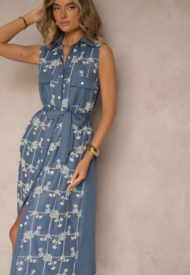 Niebieska Sukienka Koszulowa z Wiązanym Paskiem i Haftowanym Zdobieniem Malenea