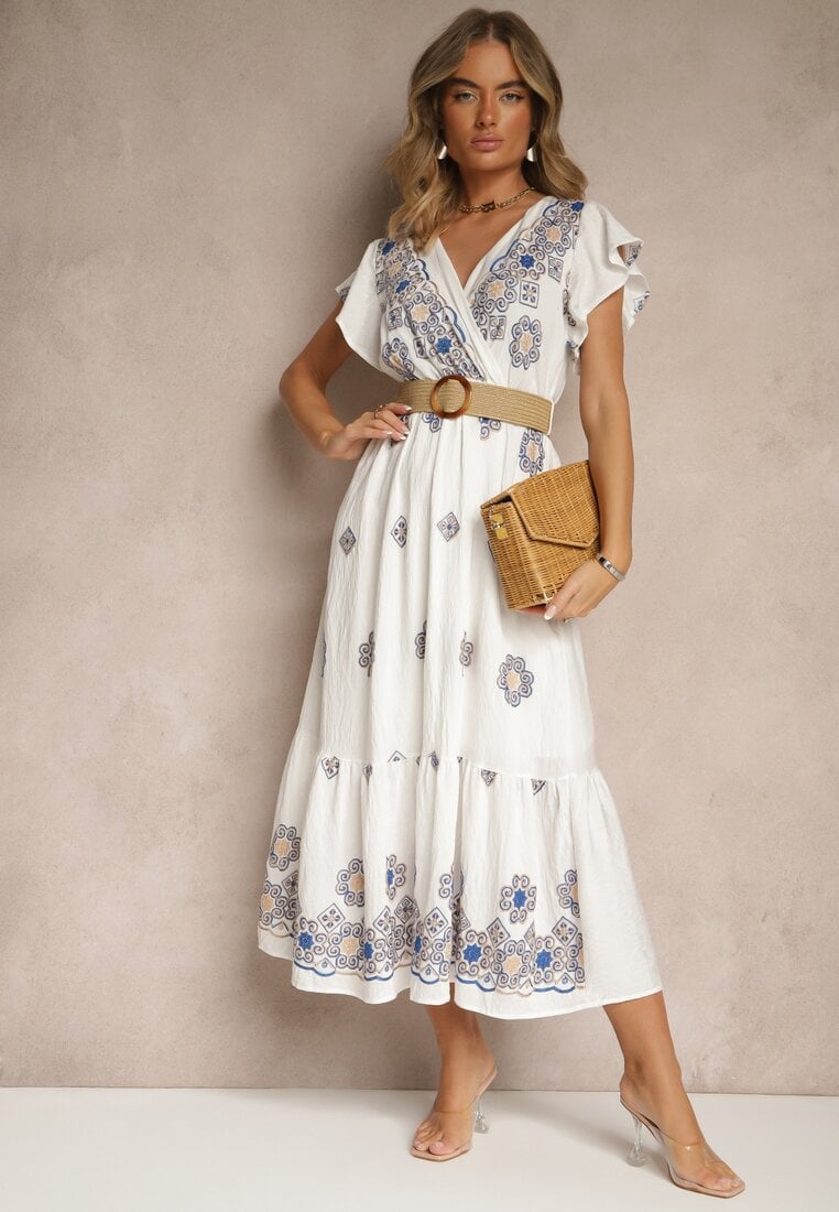 Biało-Niebieska Sukienka z Wiskozy Ozdobiona Paskiem i Haftem Nilorelle