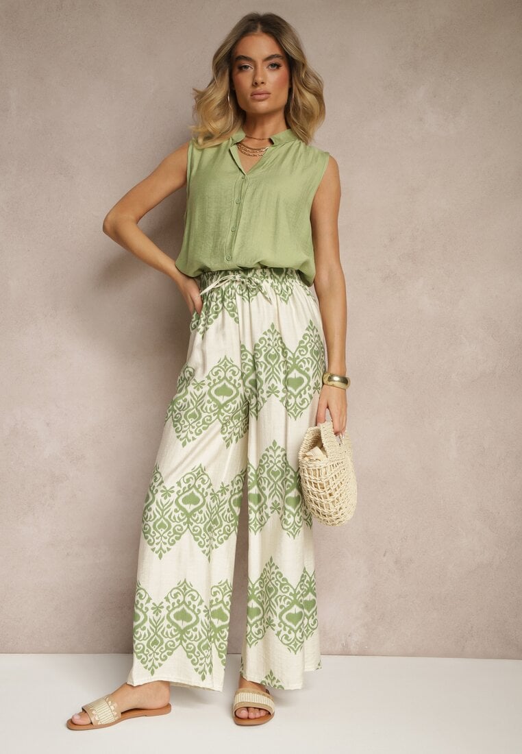 Zielone Spodnie z Wiskozy o Szerokim Kroju High Waist ze Wzorem Boho Neolissea
