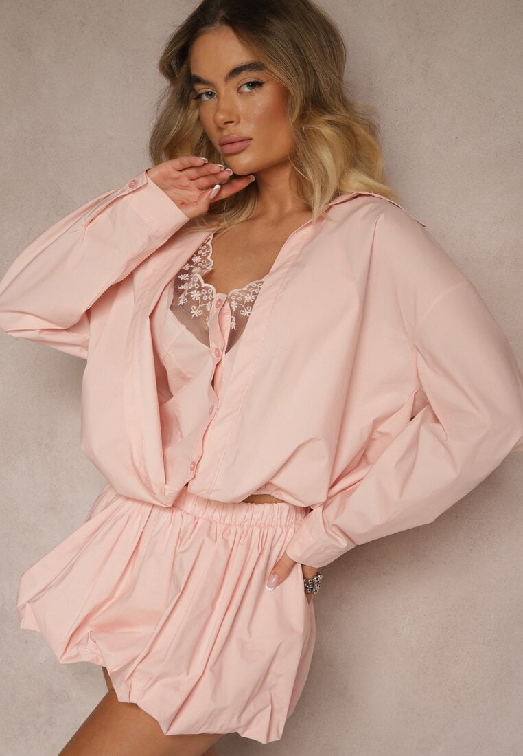 Różowa 2w1 Koszula z Bawełny i Top na Ramiączkach z Koronką Telowena