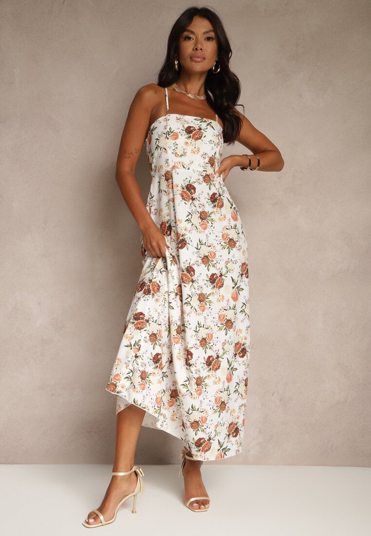 Beżowa Rozkloszowana Sukienka z Wiskozą w Kwiatowy Wzór Nalivie