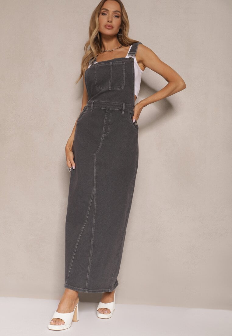 Ciemnoszara Sukienka o Kroju Ogrodniczki z Ozdobnym Rozcięciem Ralhira