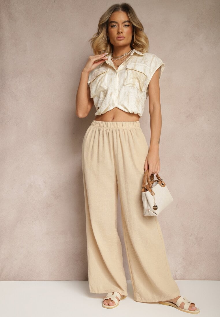 Beżowe Spodnie Palazzo o Szerokim Kroju High Waist Ollevia