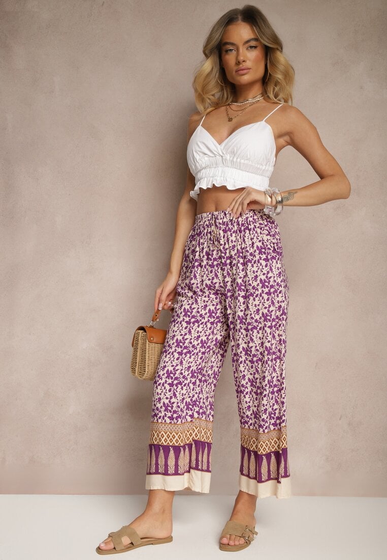 Fioletowe Spodnie z Bawełny High Waist z Abstrakcyjnym Wzorem Lisathiela