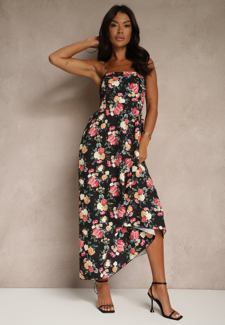 Czarna Rozkloszowana Sukienka z Wiskozą w Kwiatowy Wzór Nalivie