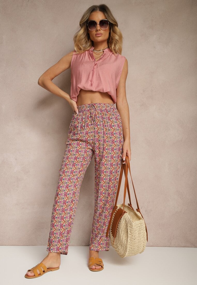 Różowe Spodnie z Bawełny o Prostym Kroju z Gumką w Pasie w Geometryczny Print Avelriz