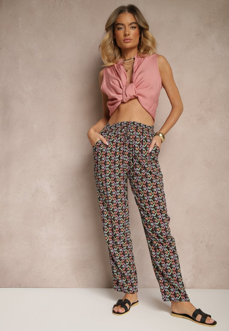 Czarne Spodnie z Bawełny o Prostym Kroju z Gumką w Pasie w Geometryczny Print Avelriz