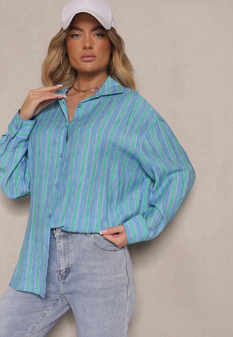 Niebieska Koszula z Wiskozą w Paski Liasolene