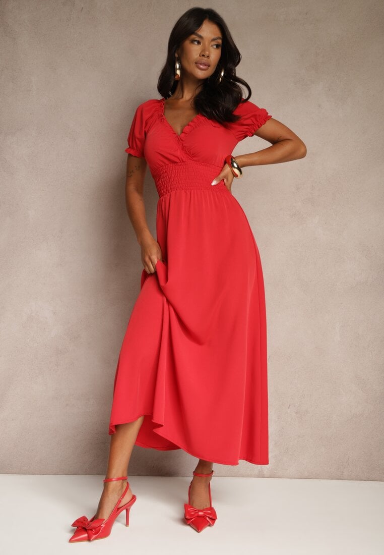 Czerwona Sukienka z Bufiastymi Rękawami Dolirrea