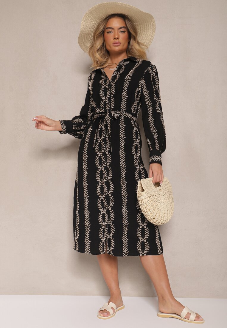 Czarna Wiskozowa Sukienka o Koszulowym Kroju z Haftem i Wiązanym Paskiem Salliene