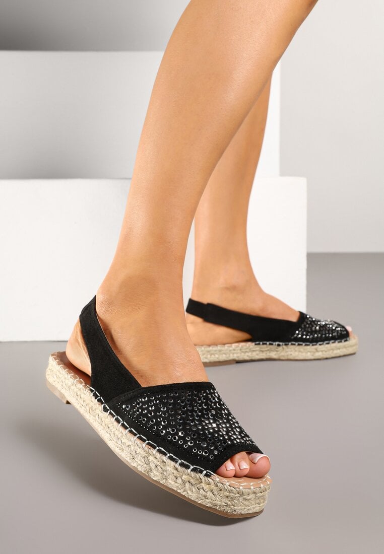 Czarne Sandały w Stylu Espadryli z Cyrkoniami na Podeszwie z Plecionki Neorwena