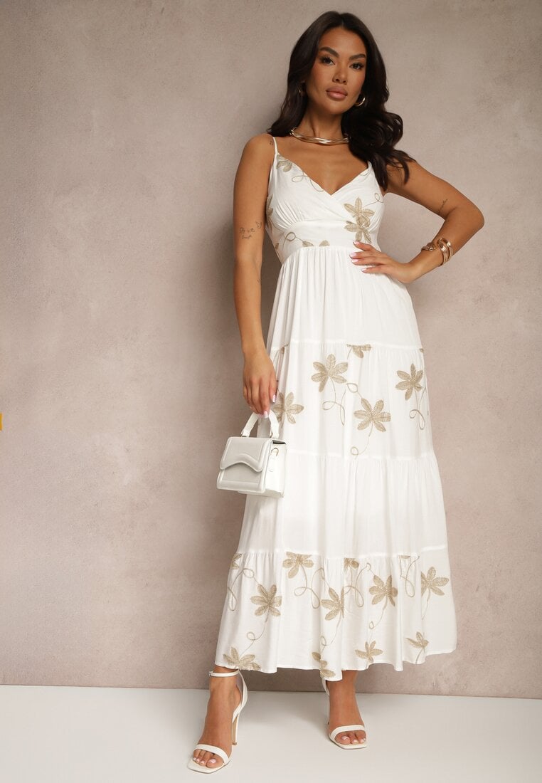 Biała Rozkloszowana Sukienka z Wiskozy z Haftowanym Motywem na Ramiączkach Telilia