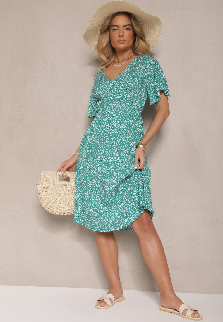 Zielona Rozkloszowana Sukienka Bawełniana w Kwiatowy Print Ezrive