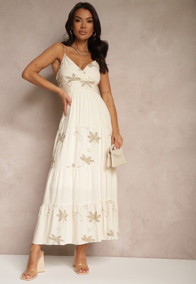 Jasnobeżowa Rozkloszowana Sukienka z Wiskozy z Haftowanym Motywem na Ramiączkach Telilia