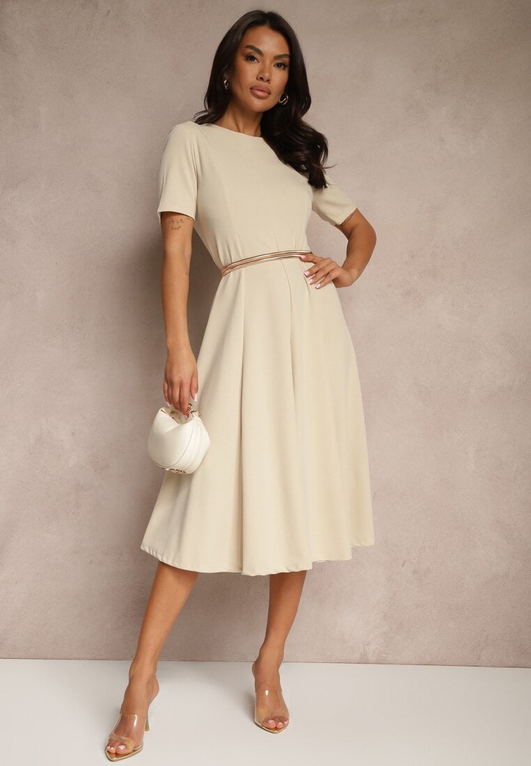 Beżowa Sukienka Rozkloszowana o Taliowanym Fasonie Telaswena