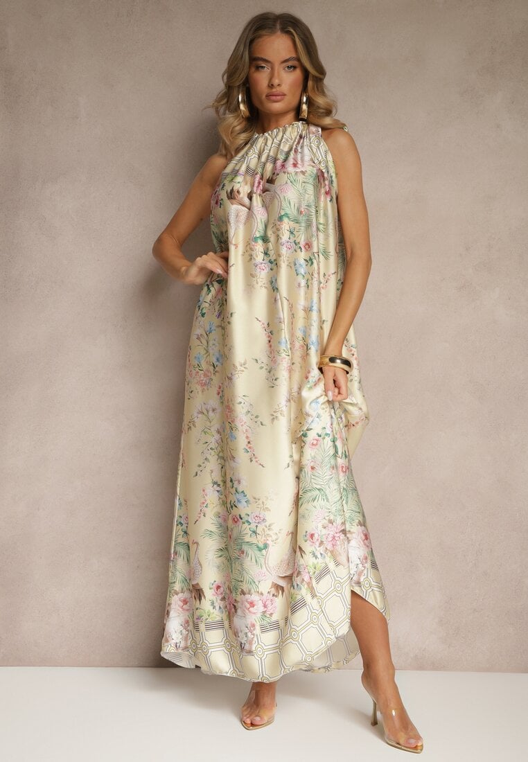 Żółta Sukienka z Satyny Zdobiona Kwiatowym Wzorem i Wiązaniem Fenalesa