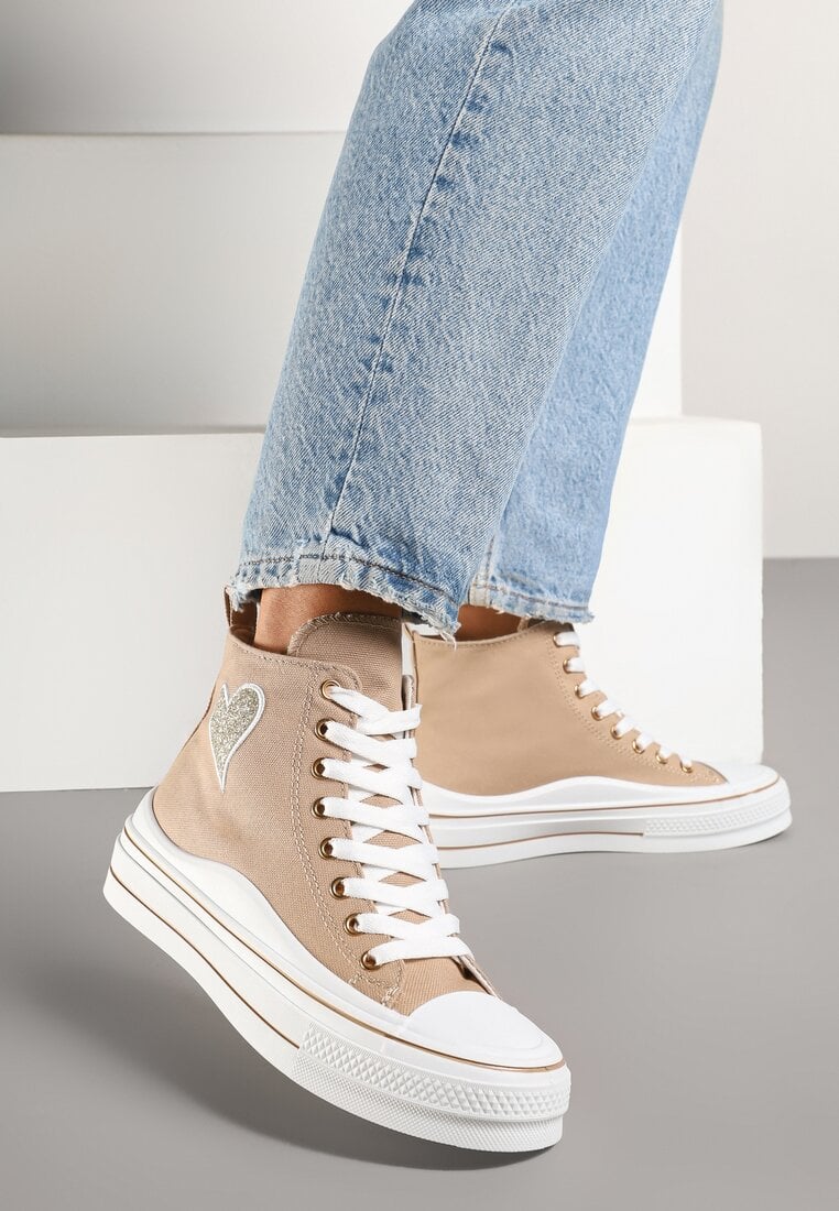Ciemnobeżowe Trampki na Platformie z Serduszkiem za Kostkę Ellista