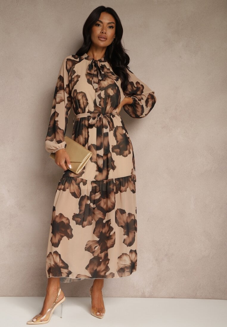 Ciemnobeżowa Sukienka o Pudełkowym Kroju w Kwiatowy Wzór Ozdobiona Paskiem Acexia