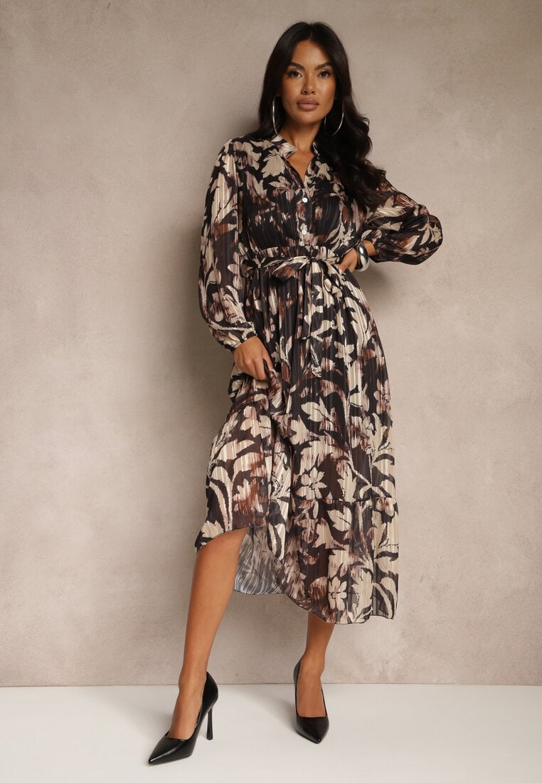 Czarna Sukienka o Rozkloszowanym Kroju z Wiązanym Paskiem i Metaliczną Nicią Nalimirae