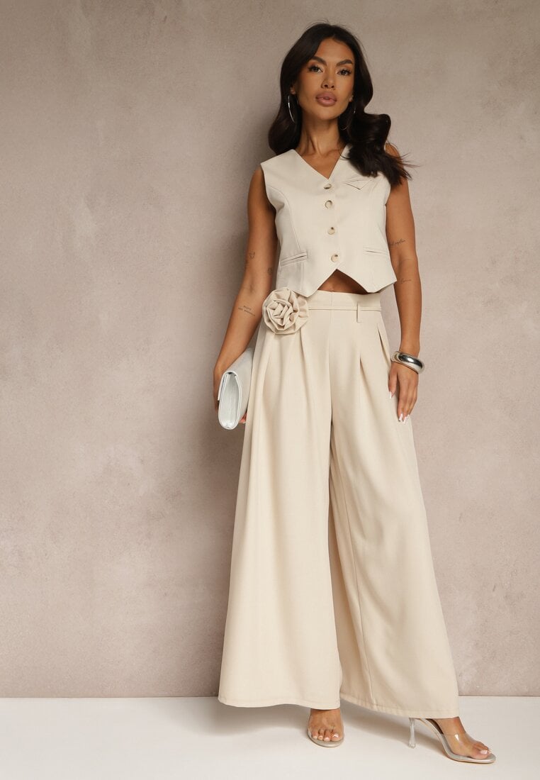 Beżowe Spodnie Palazzo Ozdobione Broszką Kwiatem Lirace