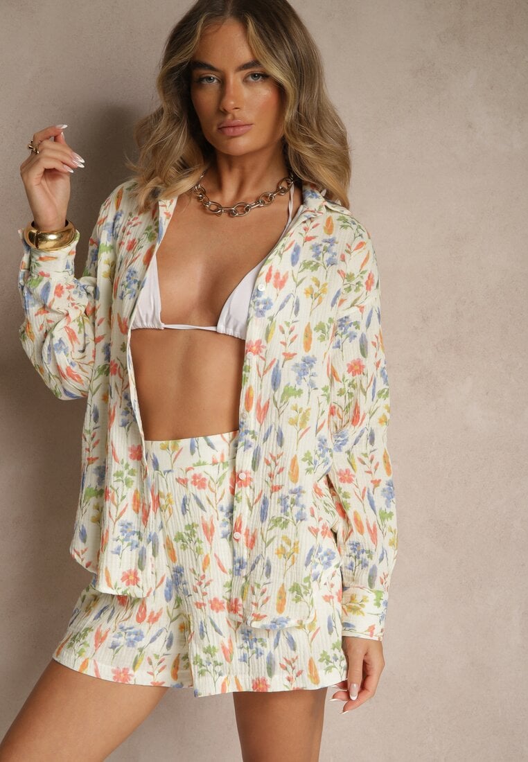 Beżowa Bawełniana Koszula w Kwiatowy Wzór Nilaira