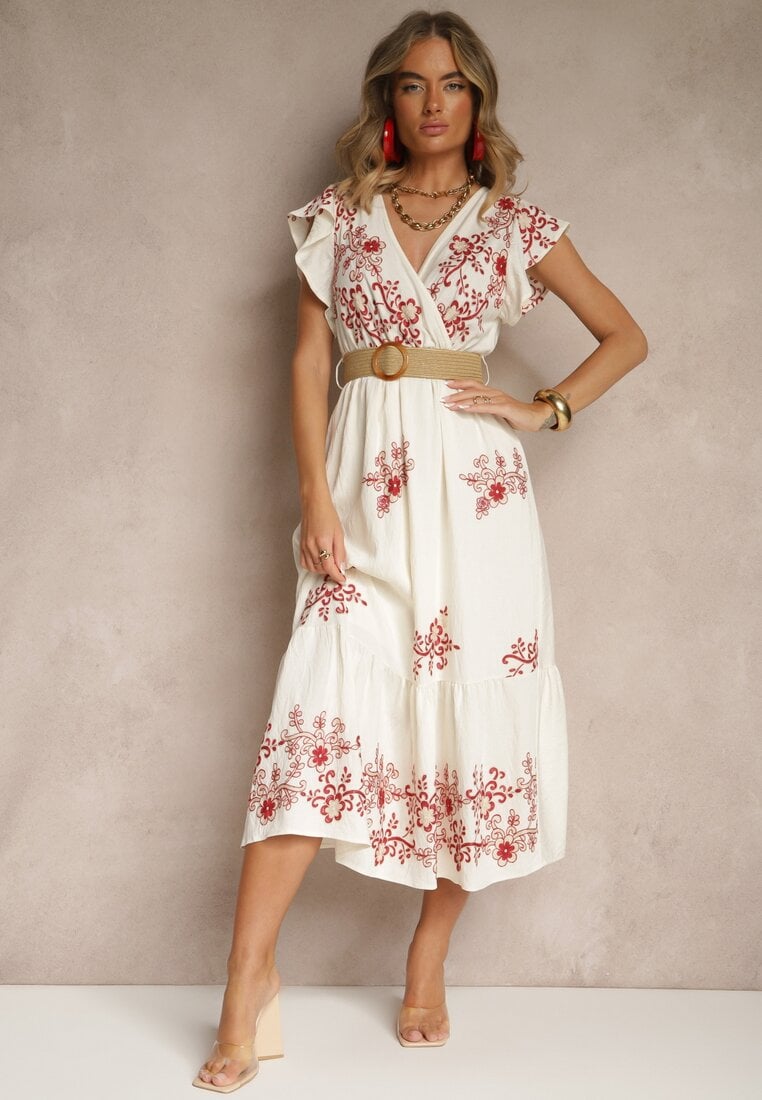 Biało-Czerwona Kopertowa Sukienka z Wiskozy Ozdobiona Haftem i Paskiem Nilatea