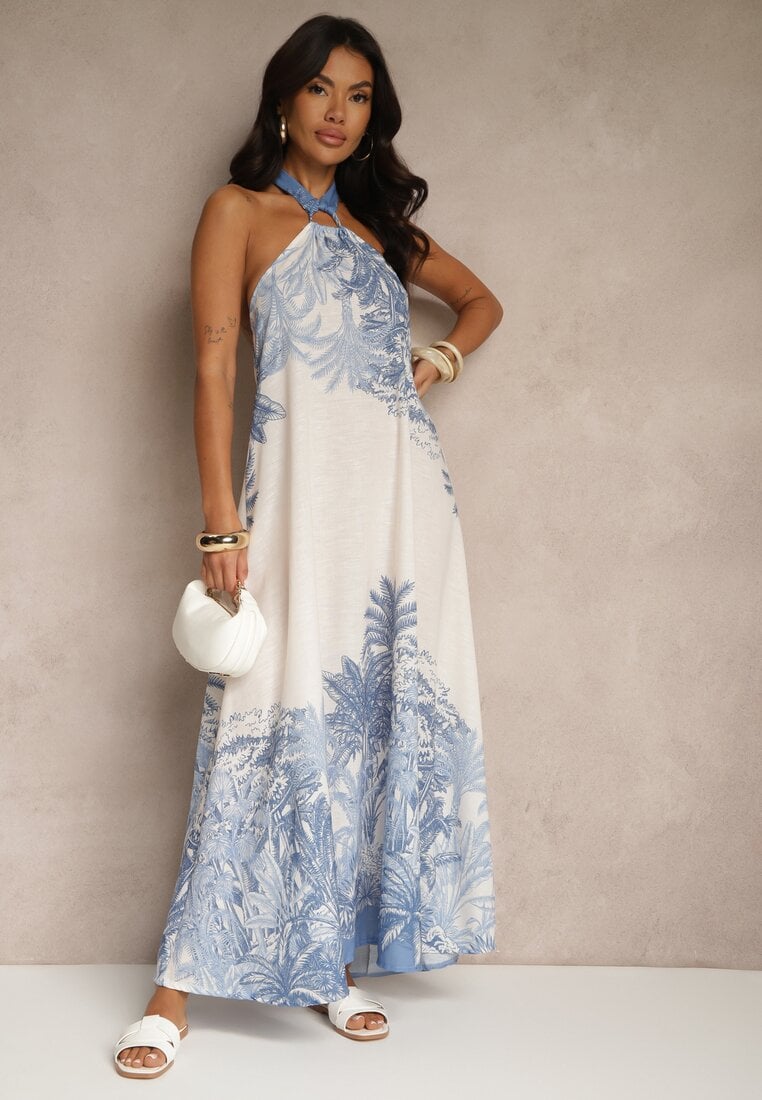 Niebieska Sukienka z Wiskozą Ozdobiona Wiązaniem i Wzorem Palm Folenella