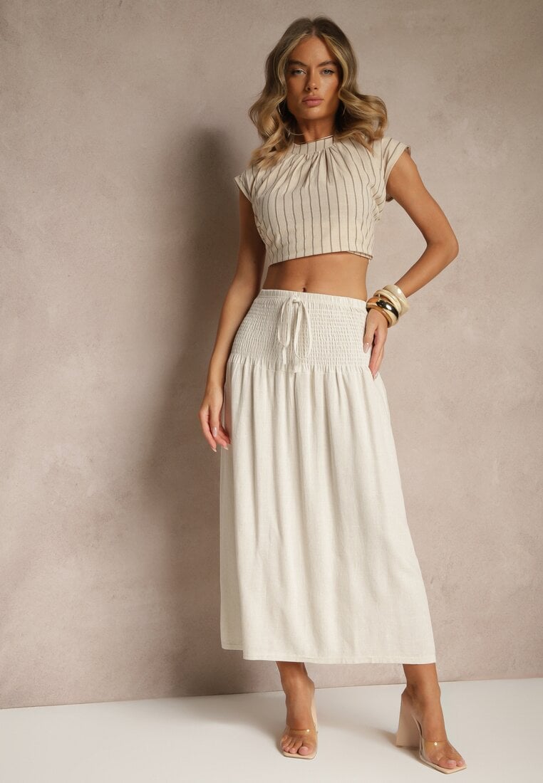 Beżowa Spódnica z Wiskozą i Lnem High Waist o Rozkloszowanym Kroju Lumerellea