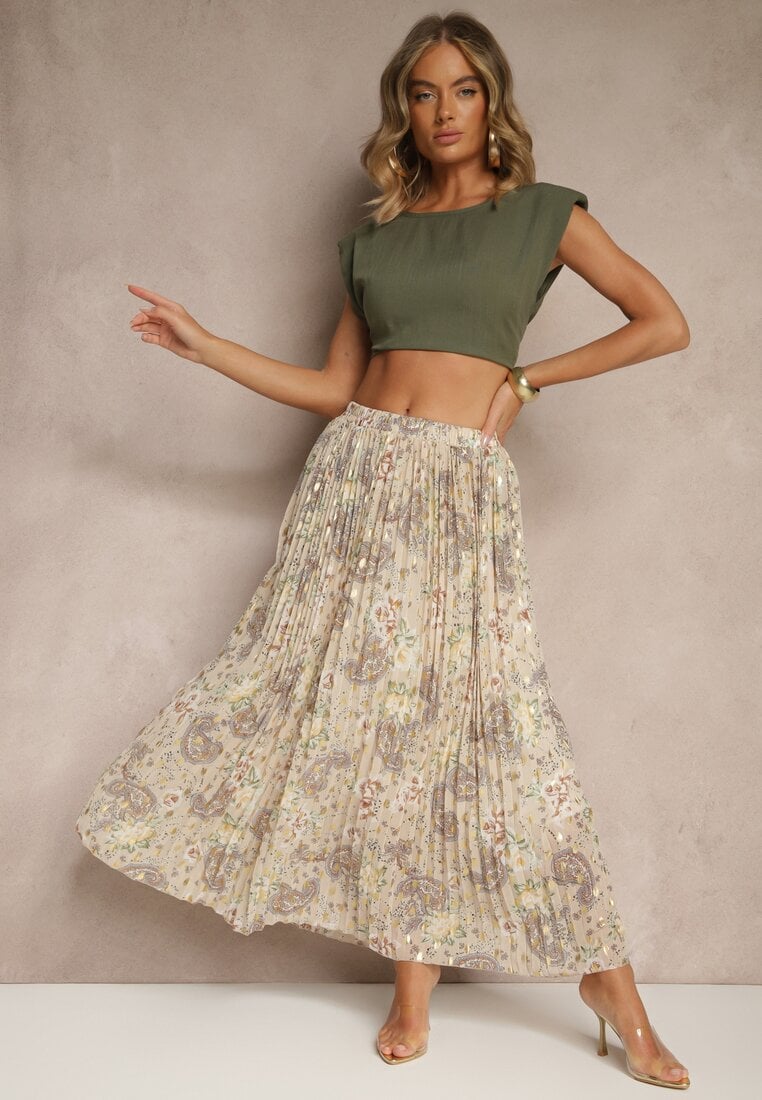 Beżowa Rozkloszowana Spódnica w Kwiatowy Wzór z Plisami i Metalicznym Nadrukiem Follanea