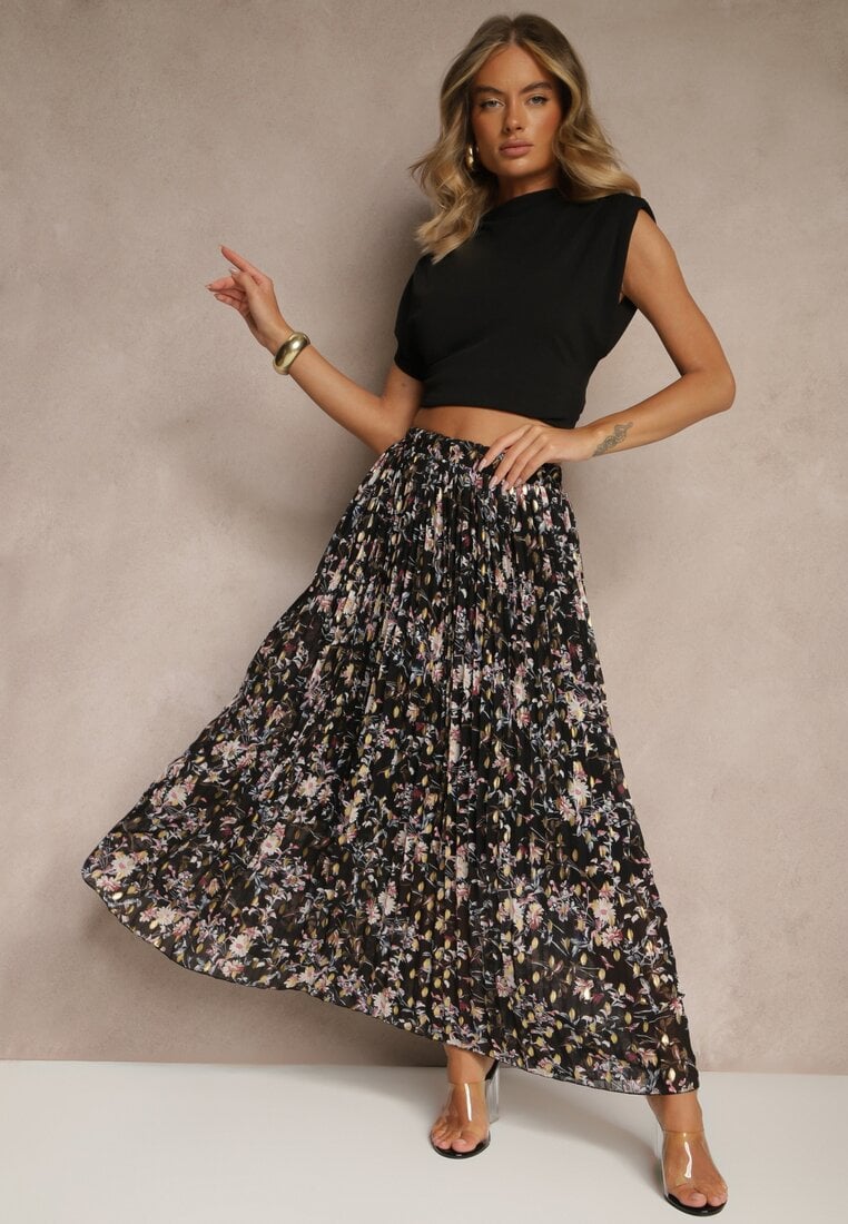 Czarna Kwiecista Spódnica Rozkloszowana z Plisami Zdobiona Metalicznym Nadrukiem Folonissa