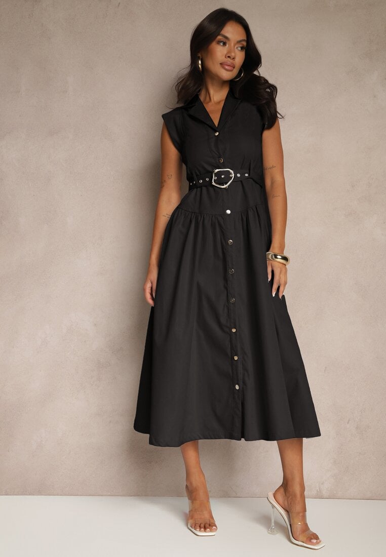 Czarna Koszulowa Sukienka z Ozdobnym Paskiem Deviolin