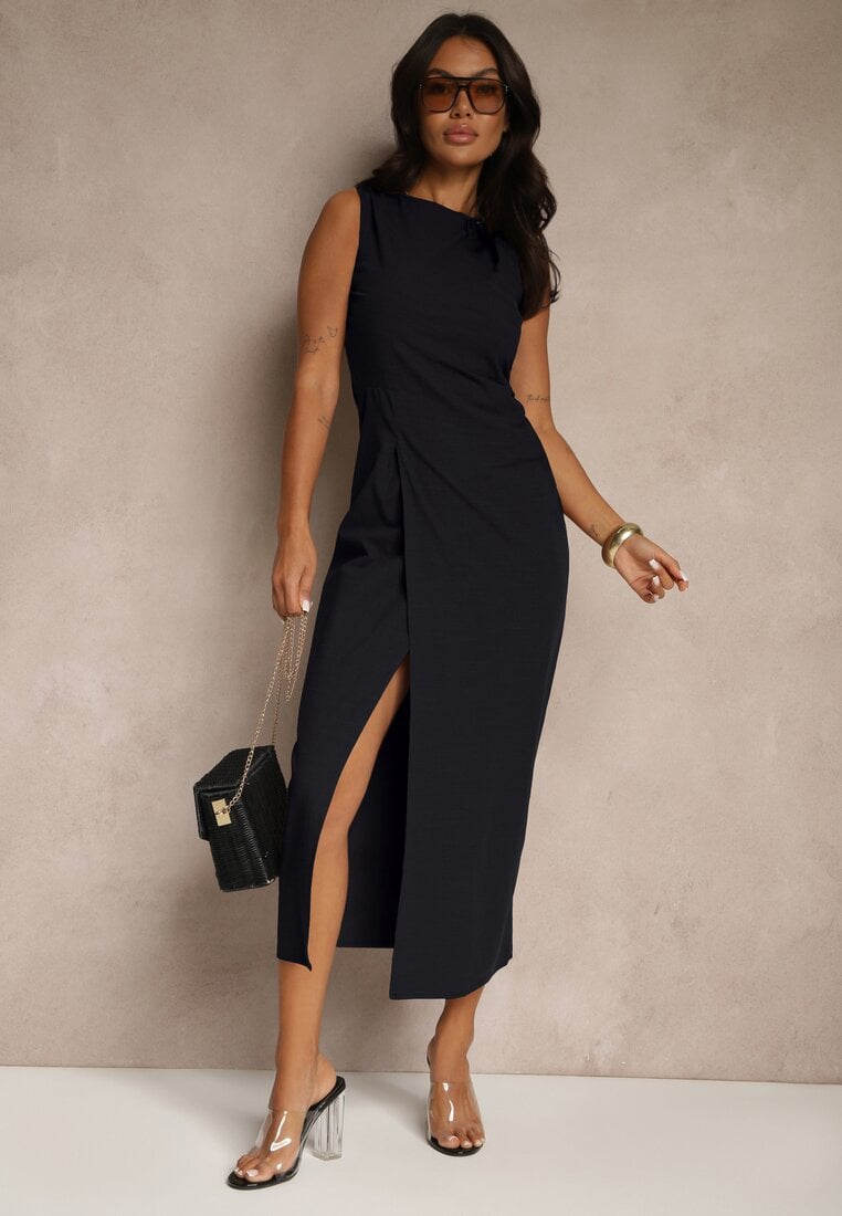 Czarna Sukienka Dopasowana z Bawełny i Wiskozy z Rozcięciem Tunaria