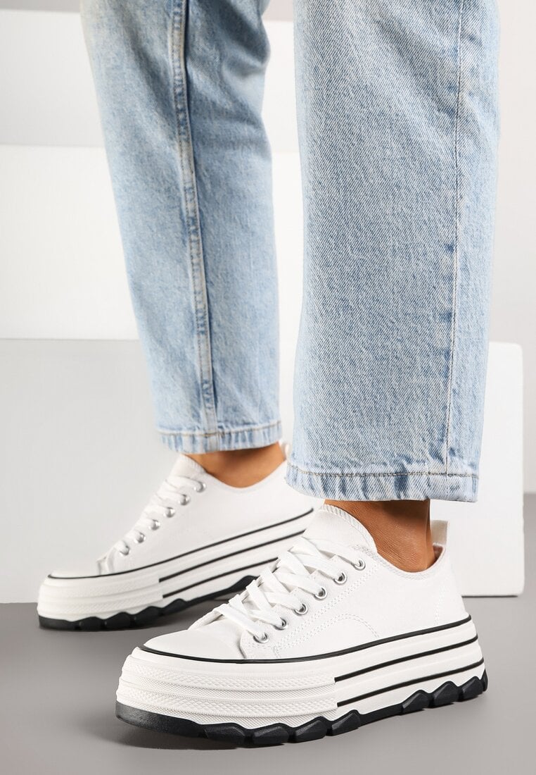 Białe Trampki na Platformie z Paskami i Niską Cholewką Zienelle