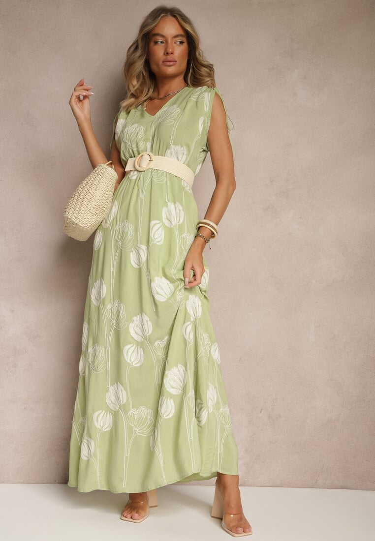 Zielona Sukienka z Wiskozy Ozdobiona Haftami Lumamire