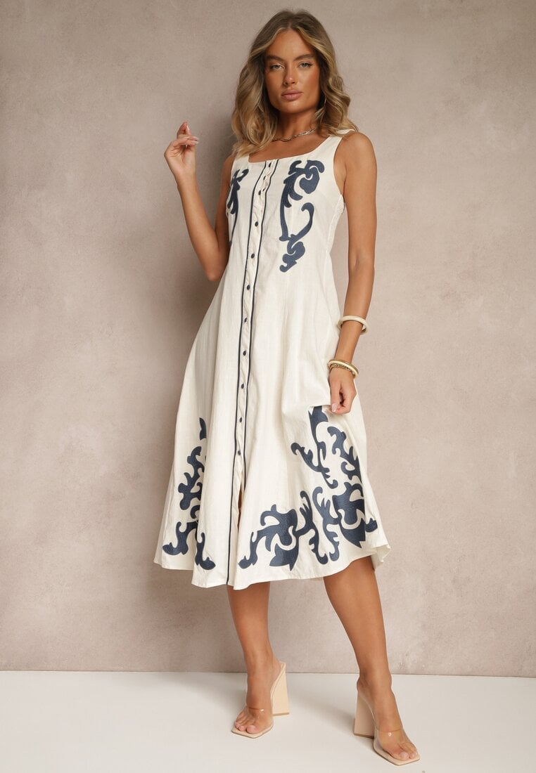 Beżowa Bawełniana Sukienka z Guzikami i Haftami Milonellea