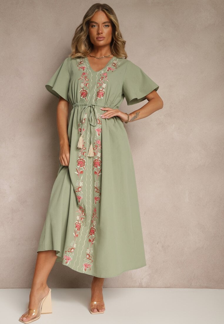 Zielona Rozkloszowana Sukienka z Bawełny w Stylu Boho z Ozdobnym Haftem Sersena