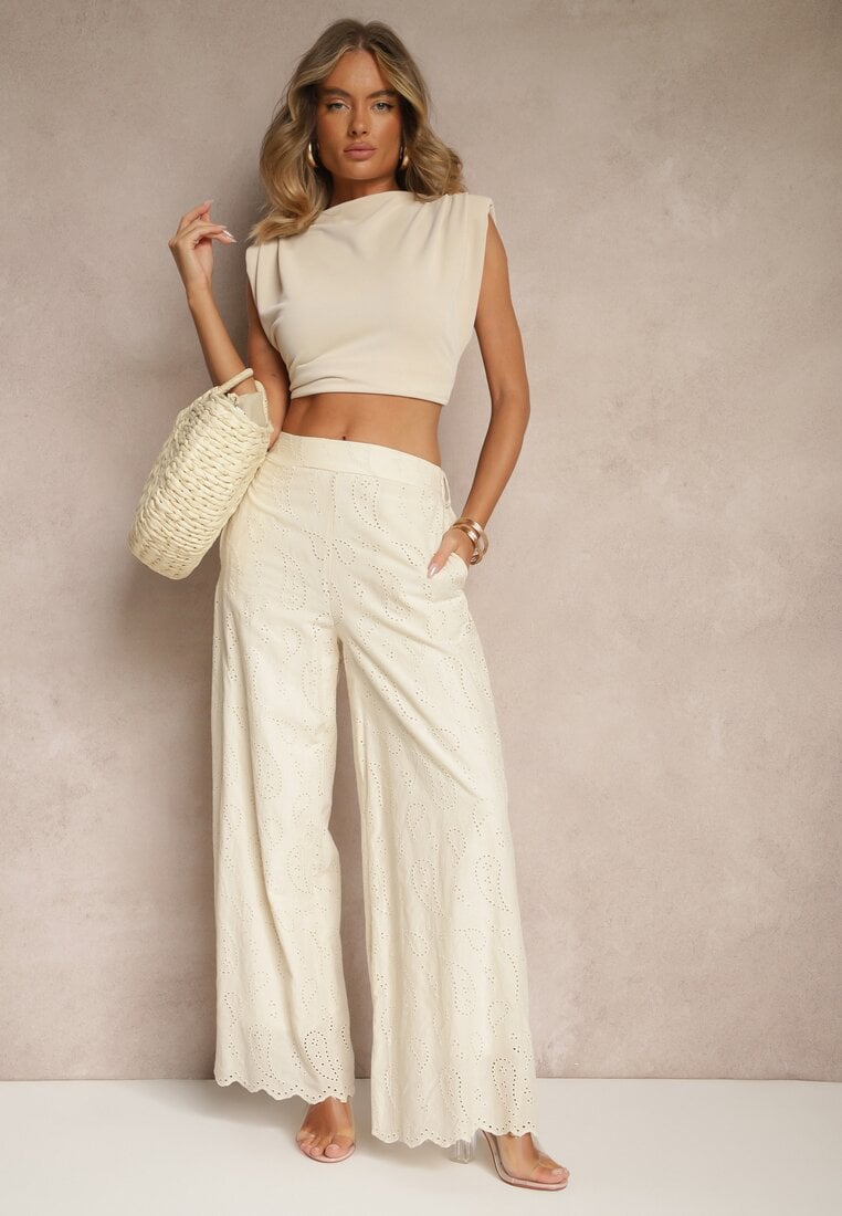 Beżowe Bawełniane Haftowane Spodnie High Waist o Szerokim Kroju Milirelia