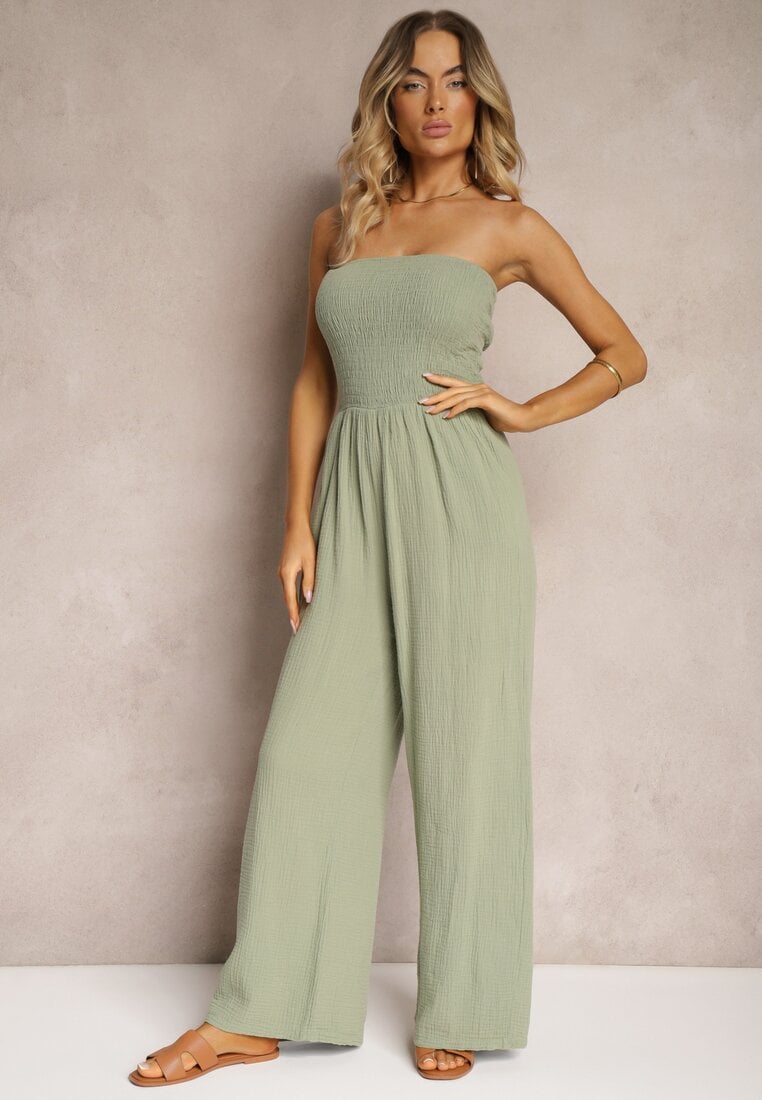 Jasnozielony Kombinezon z Bawełny z Długimi Nogawkami Ozdobiony Marszczoną Górą Moraena