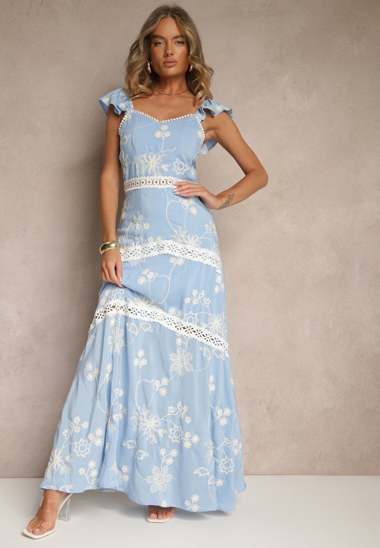 Niebieska Rozkloszowana Sukienka z Wiskozy z Haftami Lumirieve