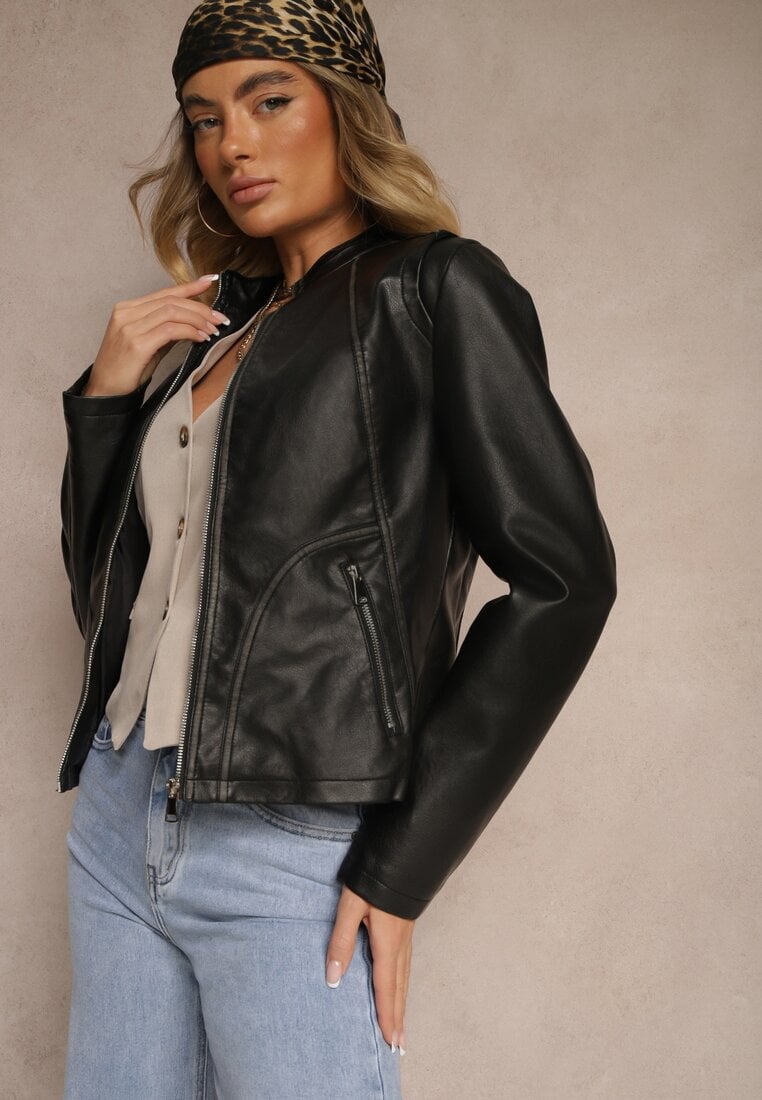 Czarna Kurtka Typu Ramoneska ze Stójką o Taliowanym Kroju Zalithara