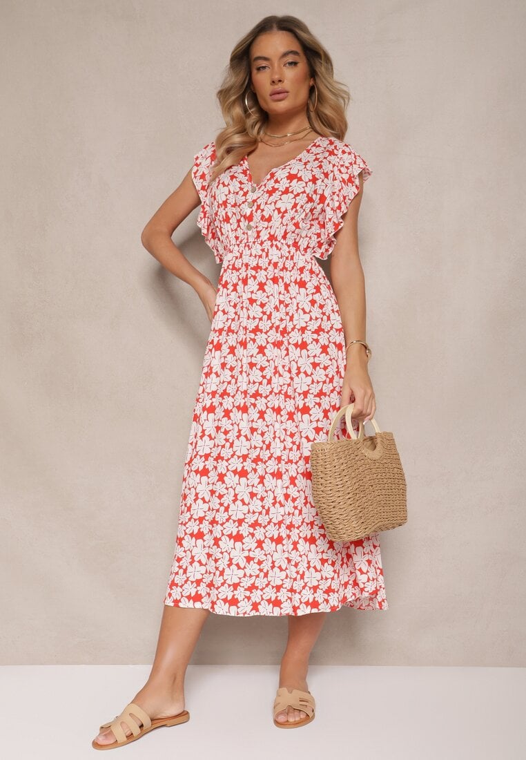 Czerwona Rozkloszowana Sukienka z Bawełny w Kwiatowy Wzór z Gumką w Talii Alaniria