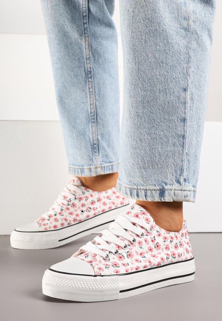 Różowe Casualowe Trampki w Kwiatki Foleriella