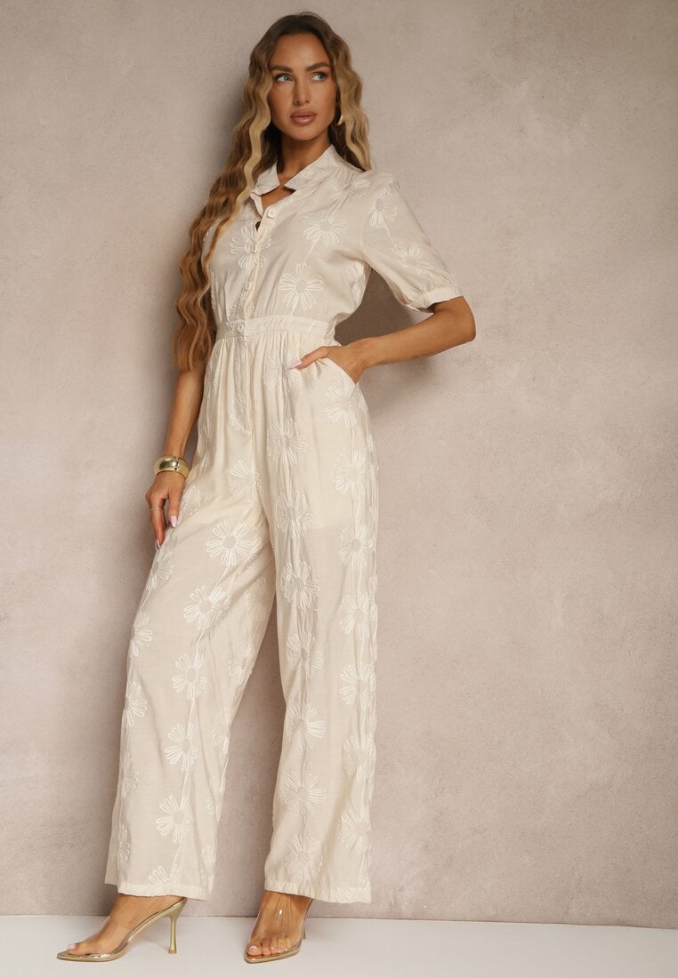 Beżowy Koszulowy Kombinezon z Wiskozy z Krótkim Rękawem i Wsuwanymi Kieszeniami Miliane