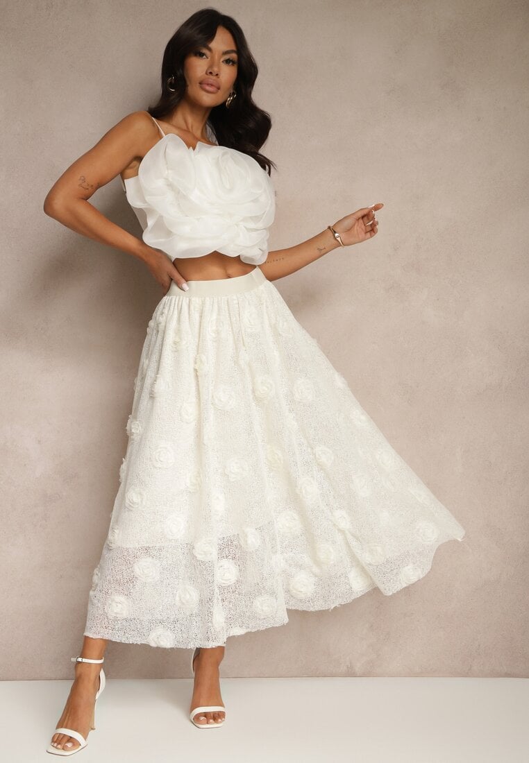 Jasnobeżowa Tłoczona Spódnica o Rozkloszowanym Kroju z Gumką w Pasie Folunetta