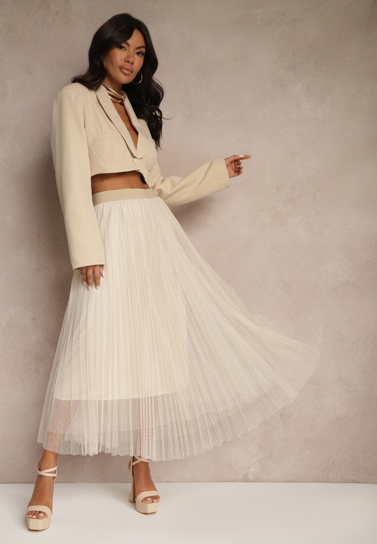 Beżowa Rozkloszowana Spódnica z Tiulu w Kropki Folemia