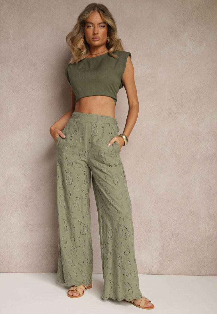 Zielone Bawełniane Haftowane Spodnie High Waist o Szerokim Kroju Milirelia
