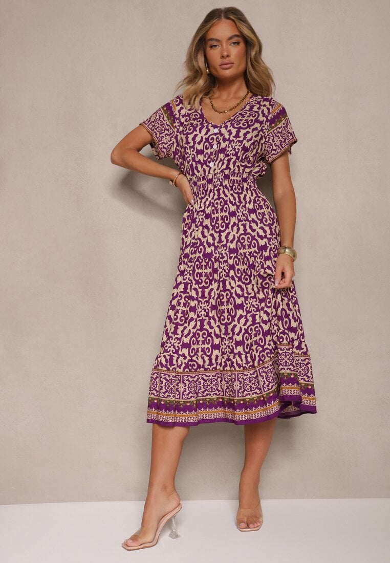 Ciemnofioletowa Sukienka z Bawełny Ozdobiona Ornamentnym Motywem Fillena